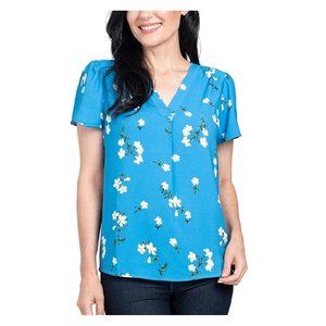 NWoT Hilary Radley Women's V-Neck Short Sleeve Blouse Blue Size S $45 1A078